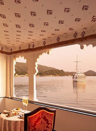 Boat seen from luxury hotel, Lake Pichola, Udaipur, Rajasthan
