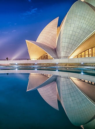 Night view of the Lotus Temple, Delhi, India