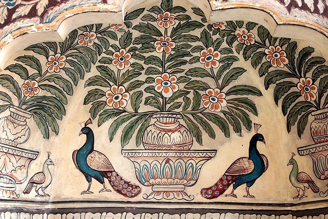 Peinture de paons, Nadine Le Prince Haveli à Fatehpur, Shekhawati, Rajasthan