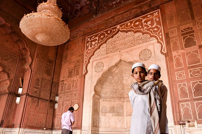 Muslim boys inside the mosque, Jama Masjid, Delhi, India