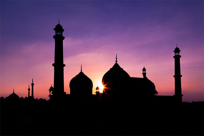 Mosque and minarets at sunrise, Jama Masjid, Delhi, India