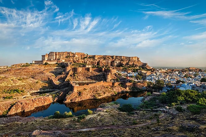 Mehrangarh Fort located at the top of the hill, dominating the city of Jodhpur, Rajasthan