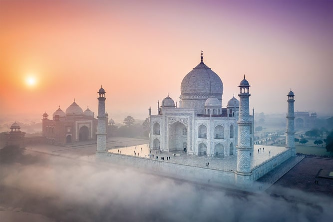 Aerial view of Taj Mahal at sunset, Agra, Uttar Pradesh