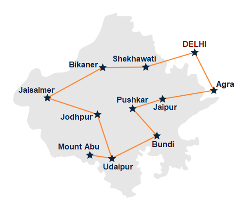 Map and itinerary, Rajasthan Tour in 16 DAYS