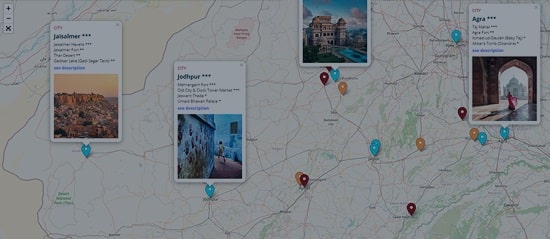 Interactive tourist map of Rajasthan, Delhi and Agra